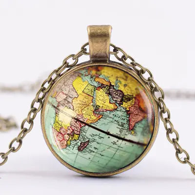 Vintage World Map Glass Pendant Necklace