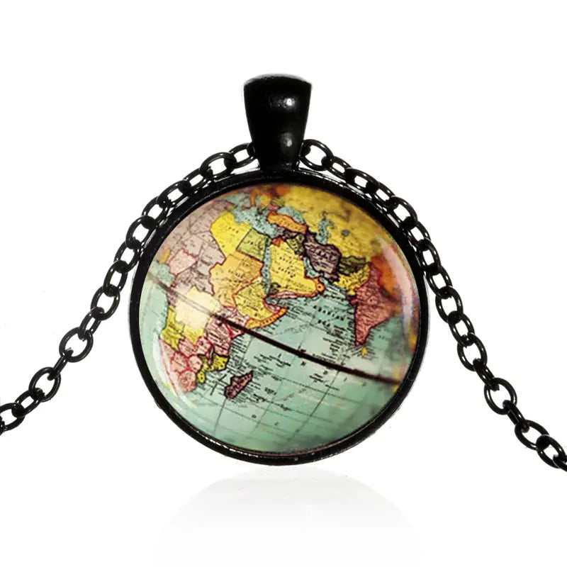 Vintage World Map Glass Pendant Necklace