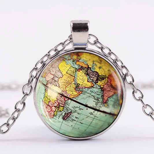 Vintage World Map Glass Pendant Necklace