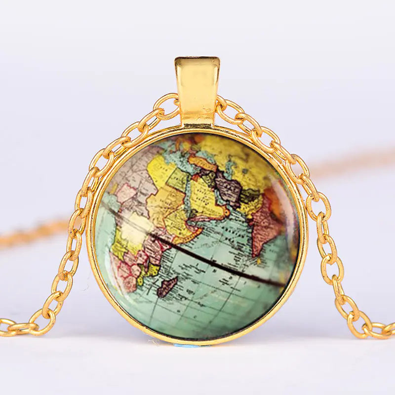 Vintage World Map Glass Pendant Necklace